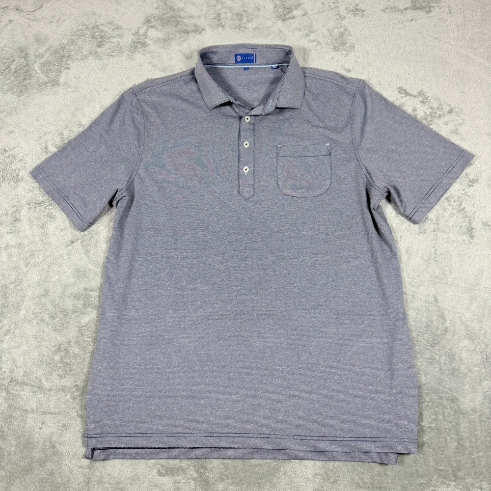 Stitch Golf Mens Large Polo Shirt Navy Blue Micro Stripe Short Sleeve Pocket